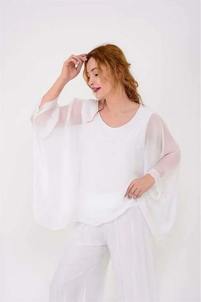 Hazinedan Women's White Bohemian Italian Bat Sleeve Silk Blouse