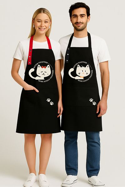 Hulganz Set of 2 Kitchen Apron Stain-Proof Water Repellent Fabric Cat and Paw Printed Dowry Apron