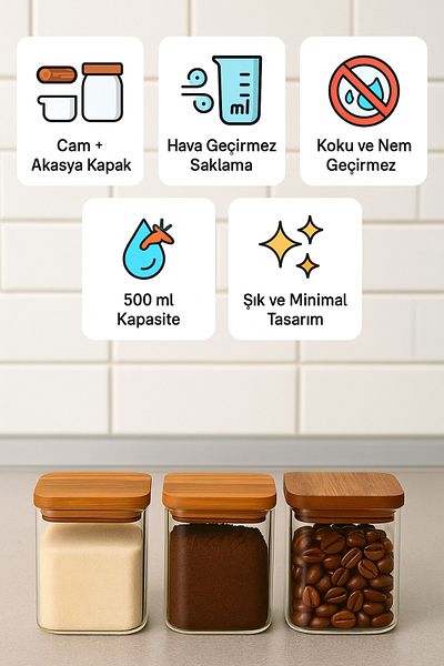 BRE HOME Set of 3 Glass Jars 500 ml Acacia Lid, Airtight, Odor and Moisture Proof, Coffee Sugar Spice