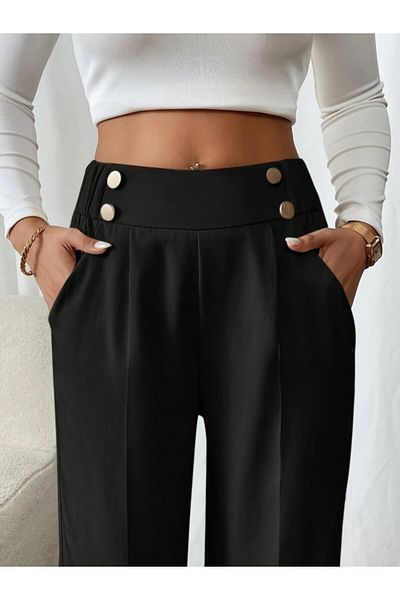 Modayakamoz Women's Elastic Waist Buttoned Imported Crepe Trousers