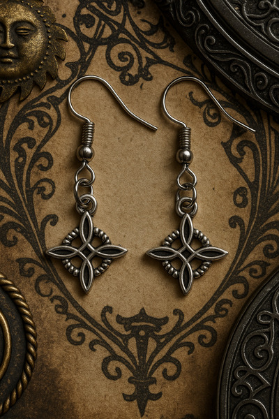 puffydik Gothic Silver Tone Motif Dangle Earrings - Handmade