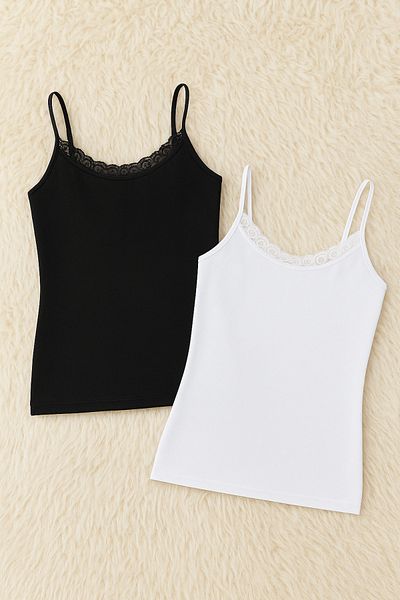 QKK Women's Modal Cotton Lycra Lace Detailed Rope Strap 2-Piece Undershirt Q6K6K0T4Ka