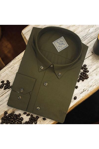 EREN STYLE Linen Linen Classic 100% Cotton Long Sleeve Slim-Fit Anti-Sweat Single Pocket Covered Khaki Shirt (Regul