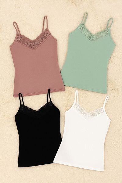 QKK Women's Modal Cotton Lycra Lace Detailed String Strap 4-Piece Undershirt Q6K6K0T5Ka