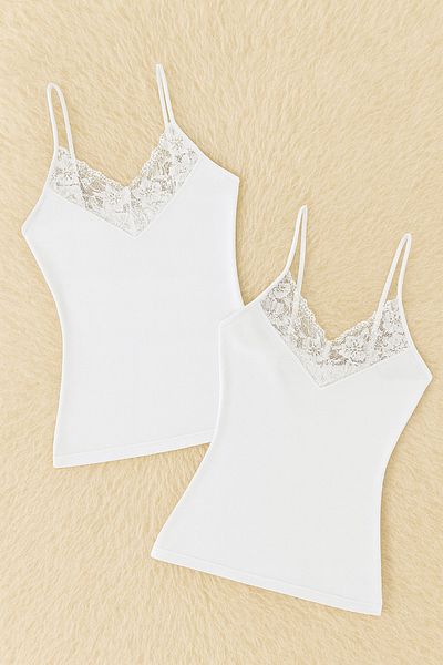 QKK Women's Modal Cotton Lycra Lace Detailed Rope Strap 2-Piece Undershirt Q6K6K0T5Ka