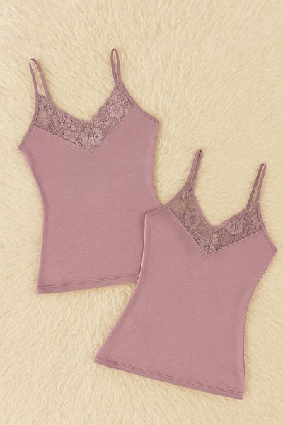 QKK Women's Modal Cotton Lycra Lace Detailed Rope Strap 2-Piece Undershirt Q6K6K0T5Ka