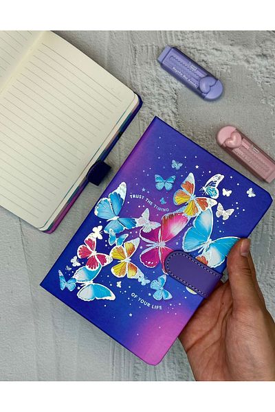 ZeCo Collection Butterfly Patterned Striped Hard Cover Magnet Notebook Purple