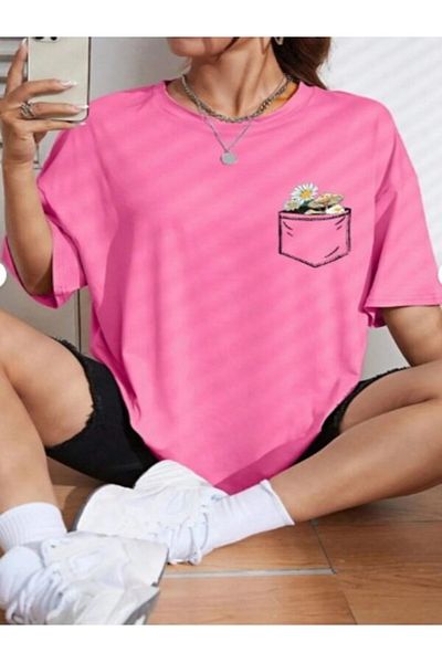 Ferhatlı Women Daisy Pocket Custom Printed Colorful Oversize Combed Cotton Crewneck T-Shirt