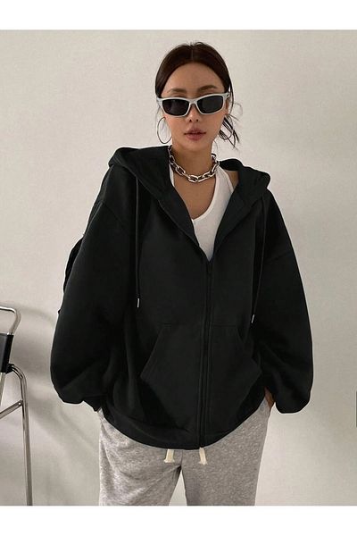 segrock Women's Black Hooded Detail Zippered Balloon Sleeve Cardigan