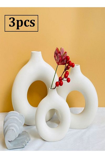 Raffine 3-Pieces Modern Design Nordic Minimalism Donut Circle Ceramic Vase for Home Decoration
