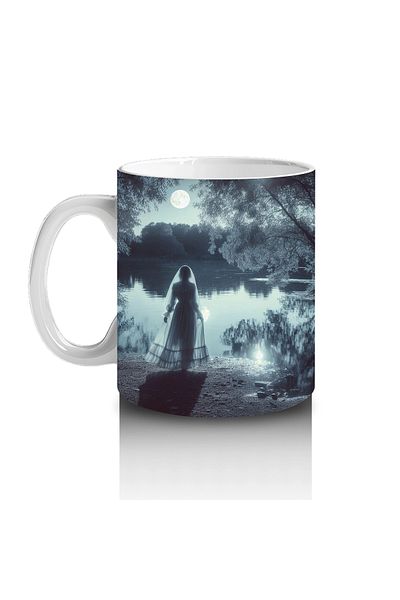 Luluyen Gothic Halloween Printed Mug with Black Cloaked Silhouette Figure in Foggy Cemetery