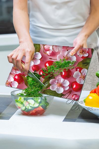 home dekors Glass Cutting Board Chopping Board Presentation Board Cherries and Flowers Dowry Gift 35X25 cm