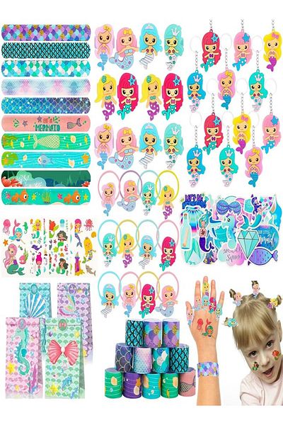 Raffine Mermaid Party Favors Pack Mermaid Slap Bracelets Rings Keychain Mermaid Hair Rings Temporary Tattoos