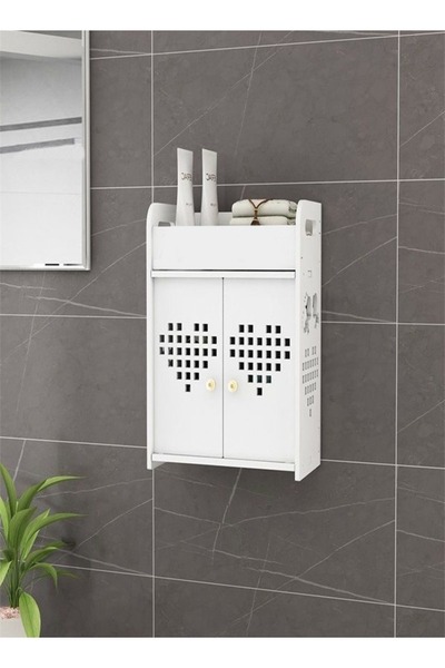 Raffine 2 Tiers Multipurpose Use Heart Engraved Design Wall Mounted Storage Shelf Wood Bathroom Storage Cabi
