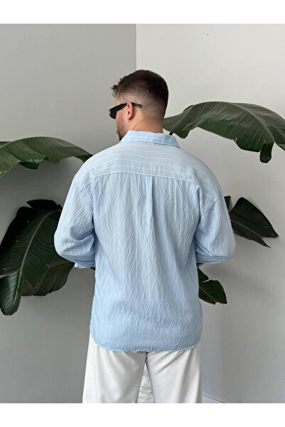 Brood Erkek Oversize Çizgi Desenli Modal Kumaş Pamuklu Salaş Uzun Kol Düğmeli Polo Yaka Gömlek