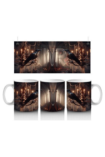 Luluyen كوب مطبوع عليه الهالوين مع شموع وكتب في الممر القوطي المضاء بشكل خافت