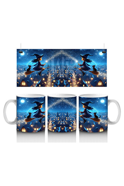 Luluyen كوب مطبوع عليه شبح الهالوين الملون مع صور ظلية للساحرة الطائرة على خل...