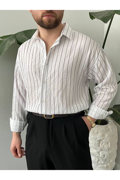 Brood Men's Oversize Stripe Pattern Modal Fabric Cotton Loose Long Sleeve Button Polo Collar Shirt