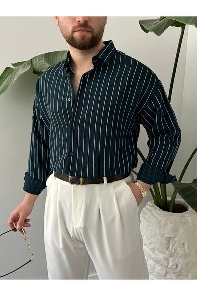 Brood Men's Oversize Stripe Pattern Modal Fabric Cotton Loose Long Sleeve Button Polo Collar Shirt