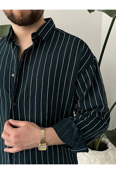 Brood Men's Oversize Stripe Pattern Modal Fabric Cotton Loose Long Sleeve Button Polo Collar Shirt