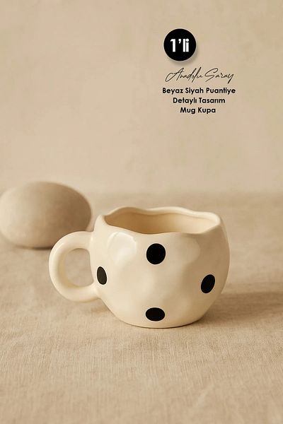 Anadolu Saray Handmade Ceramic Black Polka Dot Printed Large Size Design Mug Mug Cup |   Mug Cup Coffee Cup