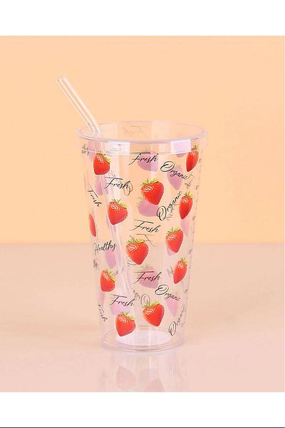 PRATİKOBA Patterned Plastic Glass with Straw 16 Cm 1 Piece Royaleks-ENF-040