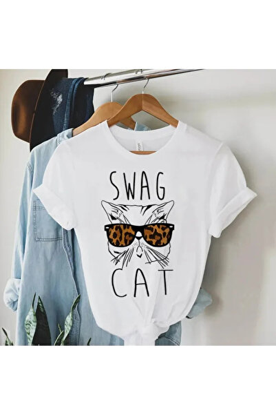 OEM Tricou alb pentru femei cu imprimeu pisică Swag - M(38)