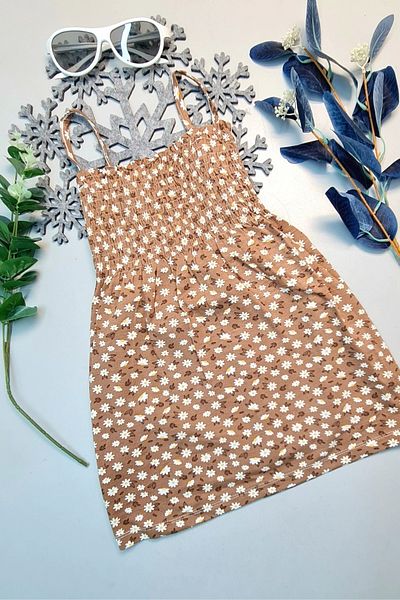 PRATİKOBA Summer Rope Strap Girl's Dress Brown Daisy Patterned