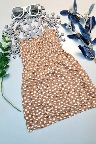 PRATİKOBA Summer Rope Strap Girl's Dress Brown Daisy Patterned