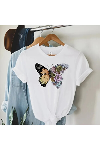 OEM Tricou alb cu fluturi pentru femei - M(38)