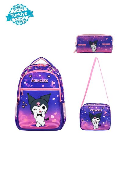 Royal Glow Combination Purple Kuromi Themed Primary School Bag Lunch Box and Pen Holder Set