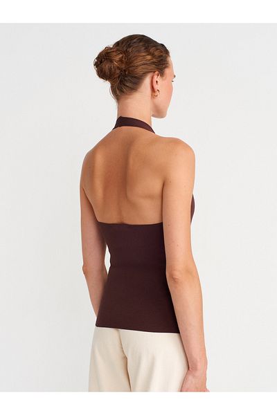 Dilvin 10794 Halter V-Neck Basic Blouse-Brown