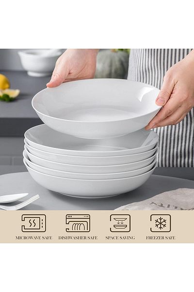 Malacasa Set 6 boluri plate din portelan, alb, 1200ml, late pentru paste, ramen, supa, rezistente, elegante