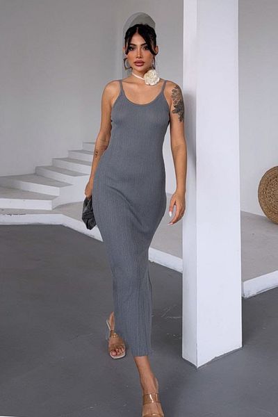 VAGGON Thin Thread Strap Back Low Cut Slit Midi Length Dress