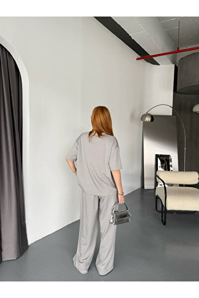 Cappmoda Tkm-1114 Painting Gray Modal Fabric Short Sleeve Blouse Carrot Model Grass Bottom Double Suit