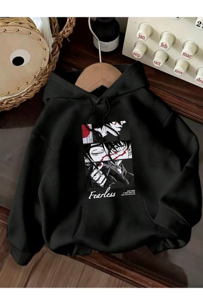 FUFLUNS Hanorac cu glugă oversize unisex imprimat FEARLESS ANIME