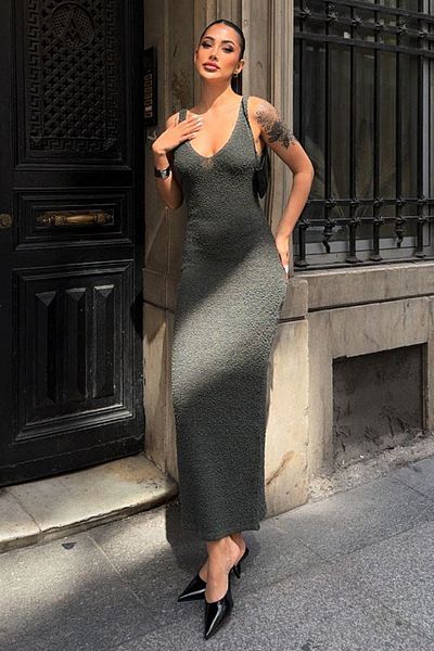 VAGGON Front Back V Neck Strap Maxi Length Dress