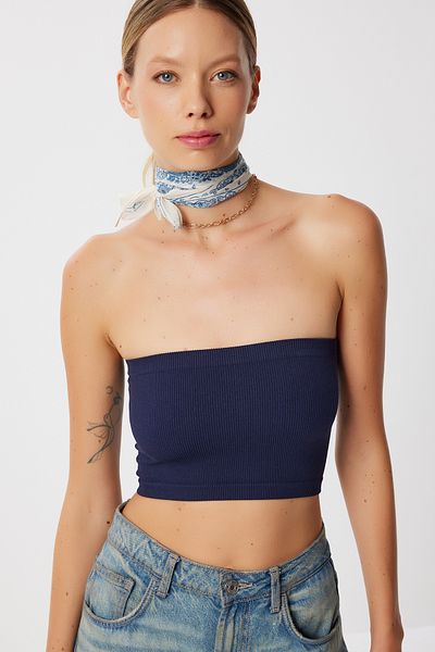 Lovelyİstanbul Strapless Ribbed Knitted 2 Pack Bustier Lub0211 Stone Navy Blue