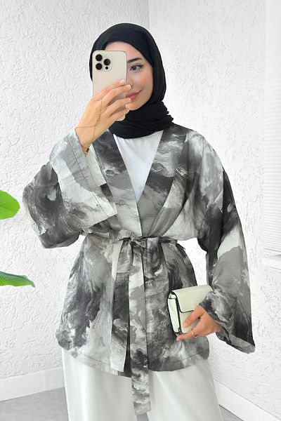 Salih Çelebi Mixed Pattern Belted Kimono 2375 - Black