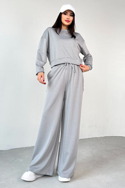 Cappmoda Tkm-1103 Painting Gray Modal Fabric Crop Loose Blouse Waist Elastic Palazzo Bottom Double Suit