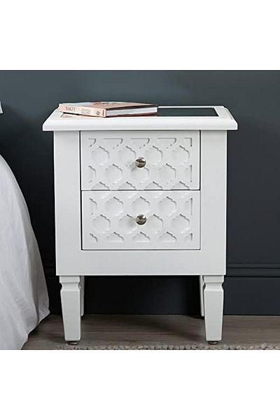 Vanity Living Bedside Table, 2 Drawers Modern Marrakech White Wood Mirrored Top Nightstand Bed Cabin