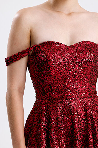 Tangül&Ali'S Moda Evi Düşük Kollu Payetli Bordo Mini Elbise