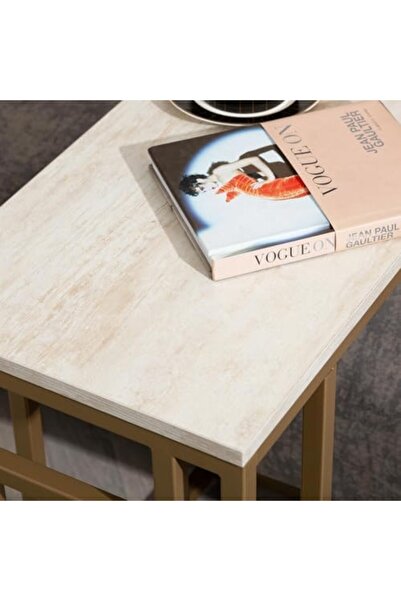 Vanity Living Brescia Sofa Side Table – Gold Metal Frame with Faux Concrete Wooden Top – Modern