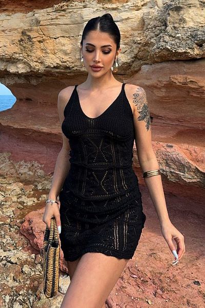 VAGGON Openwork Mini Knitwear Dress with Thin Rope Straps