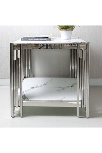 Vanity Living طاولة جانبية لأثاث غرفة المعيشة، طاولة جانبية ذات سطح زجاجي من الرخام الأبيض الصناعي، ناعمة