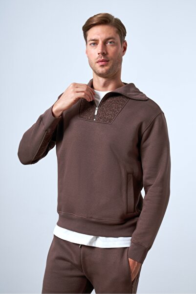 Yarım Fermuarlı Dik Yaka Erkek Sweatshirt - Kahverengi