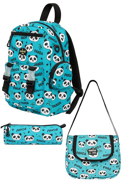 max point Girl's School Bag Set of 3 – Turquoise Panda Patterned Backpack + Lunchbox + Pen Holder
