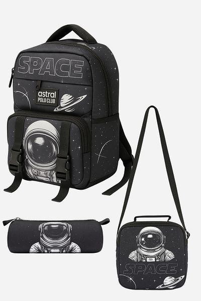 max point Boy's School Bag Set of 3 – Black Astronaut and Space Pattern Backpack + Lunch + Pen Holder