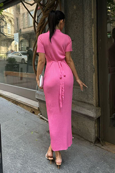 VAGGON Kadın Pembe Bisiklet Yaka Kısa Kollu Fitilli Midi Boy Triko Elbise Vs00774