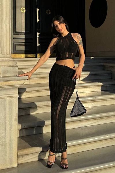 VAGGON Vintage Detailed Hole Openwork Crop Blouse and Skirt Set